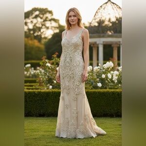 MONTAGE By Mon Cheri Cream Embellished Maxi Dress